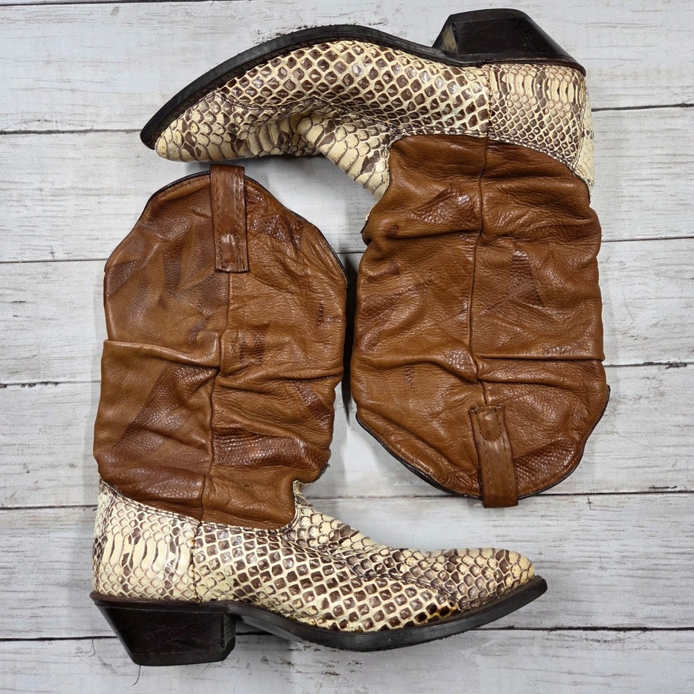 Dingo Cowboy Boots Men 8 D Brown Cream Snakeskin Slouch Leather USA‎ Made 5789